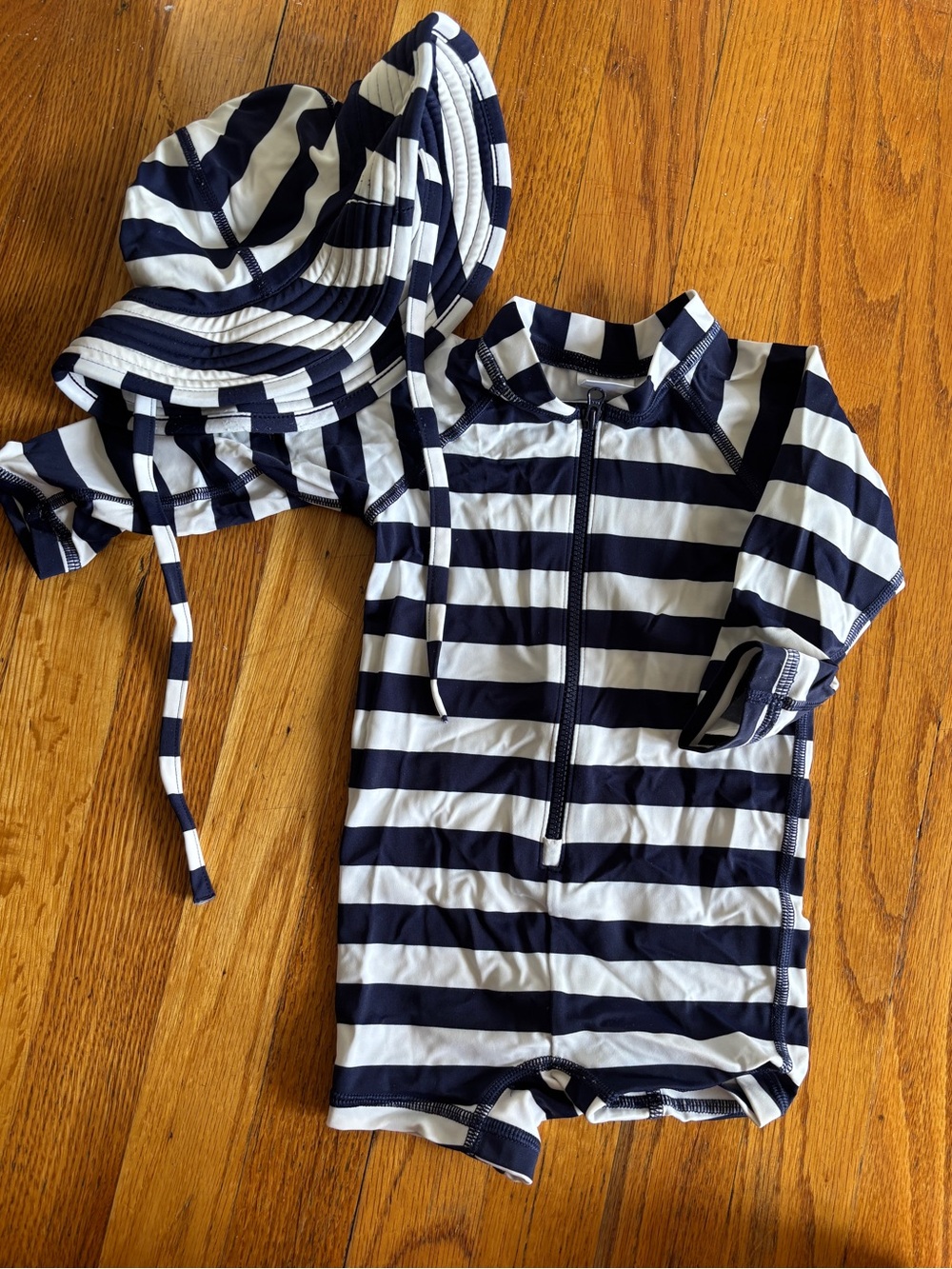 Hanna Andersson Navy & White Striped Kids Rashguard One-Piece with Sun Hat